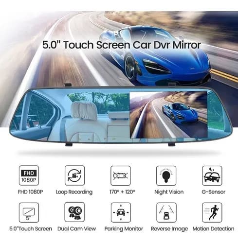 Camara Tactil Espejo Retrovisor de Auto Delantera Trasera Doble Full HD Pantalla 5 Pulgadas FullHd Estacionamiento