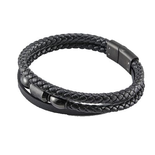 Pulsera Cuero Eco Y Acero Inox Negras Trenzadas Unisex