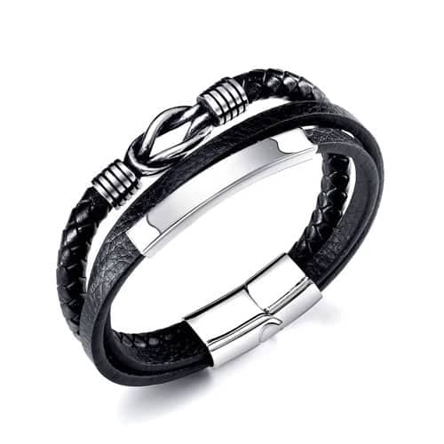 Pulsera Cuero Eco Y Acero Inox Negras Trenzadas Unisex