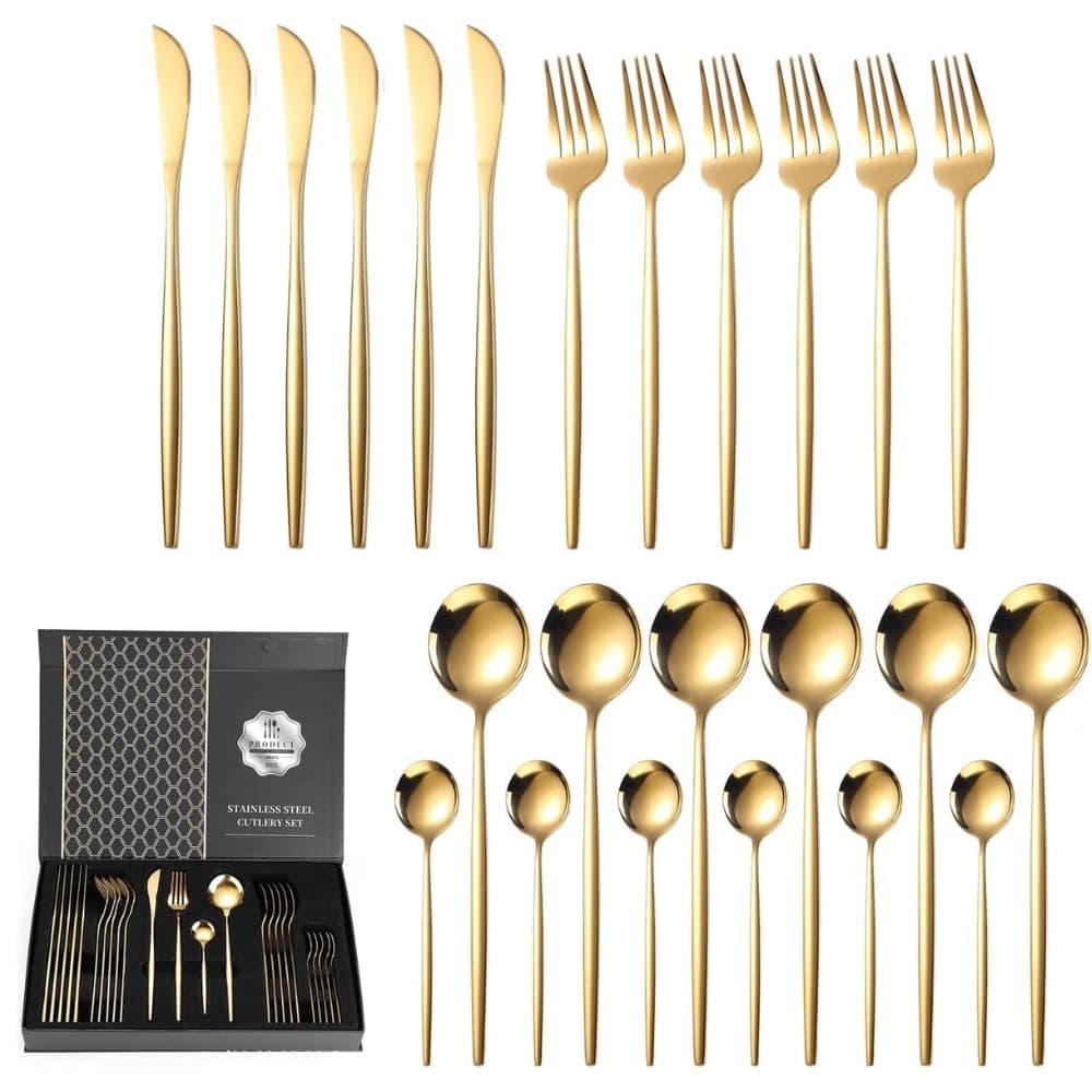 Set de 24 Cubiertos Acero Inoxidable Modernos Dorados