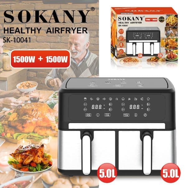 Freidora Sin Aceite Doble Canasto 10 Litros Sokany Pantalla Tactil