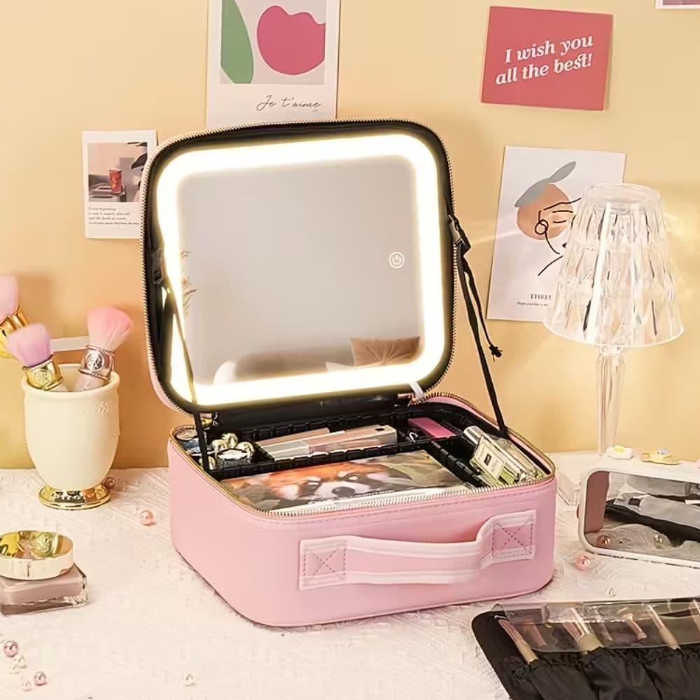 Neceser Cosmético Con Espejo Y Luz Usb Estuche Organizador
