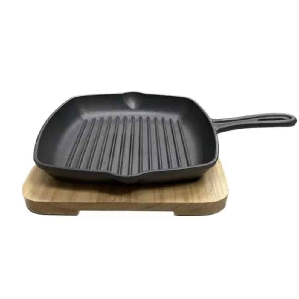 Plancha De Hierro Fundido Cuadrada 22cm Con Tabla De Madera