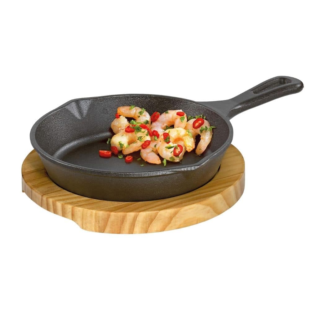 Plancha De Hierro Fundido Redonda 20cm Con Tabla De Madera