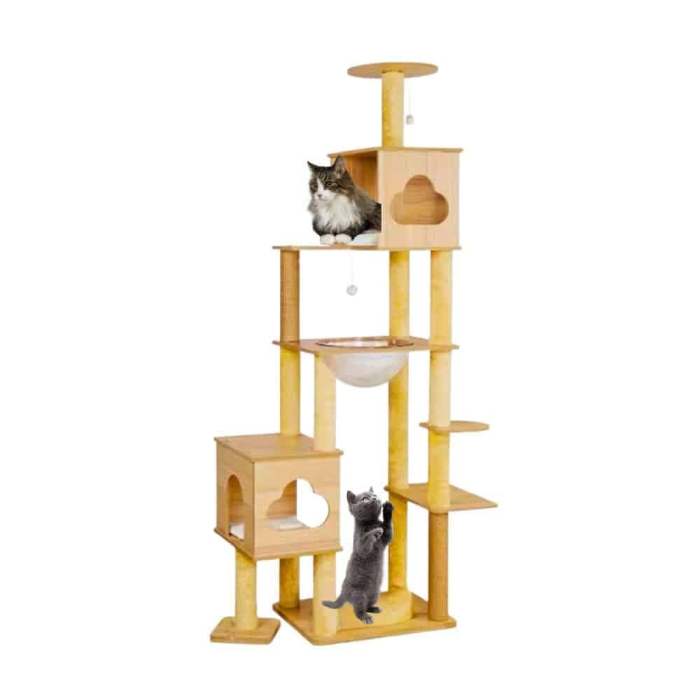 Rascador De Gatos Madera 1.92mts Con Torre Felpa Y Cama Transparente