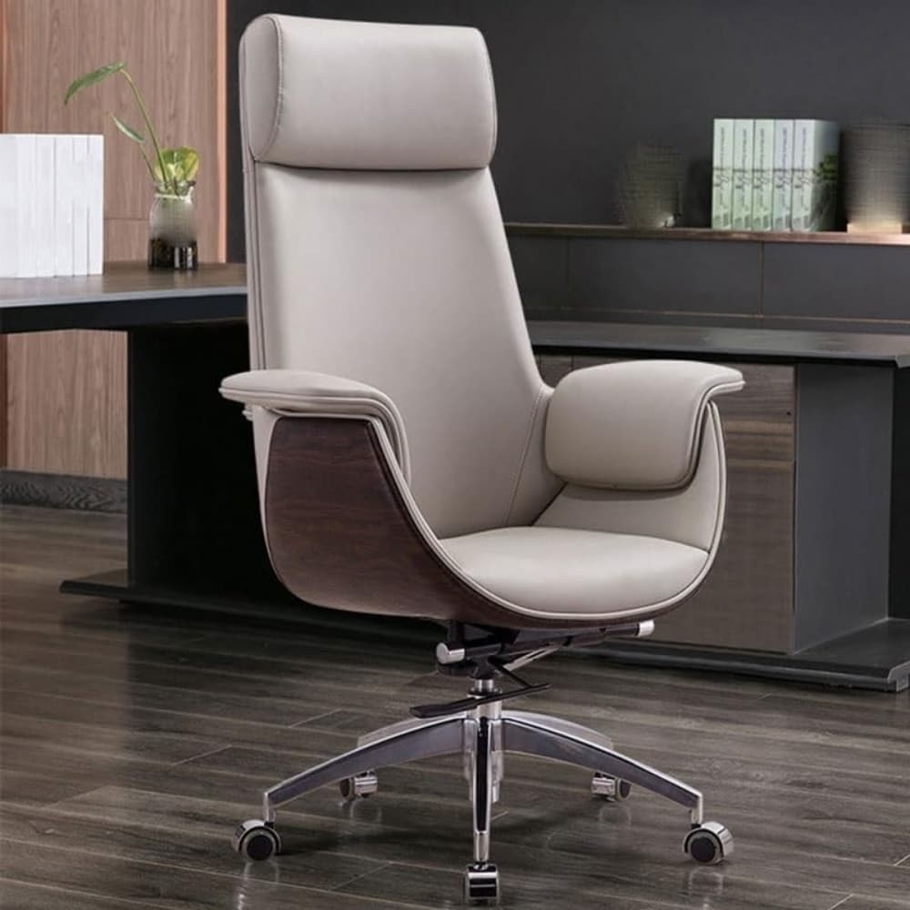 Silla Ejecutiva Moderna de Oficina Estilo Eames Ergonomica con Posapies Apoyacabezas – Madera, Metal y Cuero Sintético Ruedas