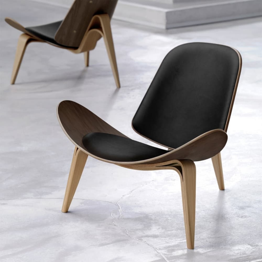 Butaca Shell Moderna de Madera Maciza con Cuero Sintetico Silla Estilo Eames Diseño Elegante y Cómodo Sillon Estilo Moderno Nordico color NEGRO