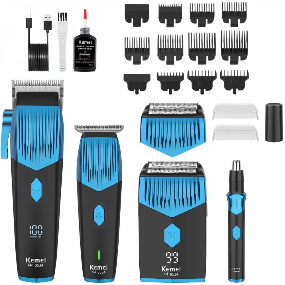 Kit Barbero Profesional Kemei 4 En 1 Máquina Cortar Pelo Patillera Rasuradora Recortador Nariz Recargable Pantalla Led Accesorios Completo
