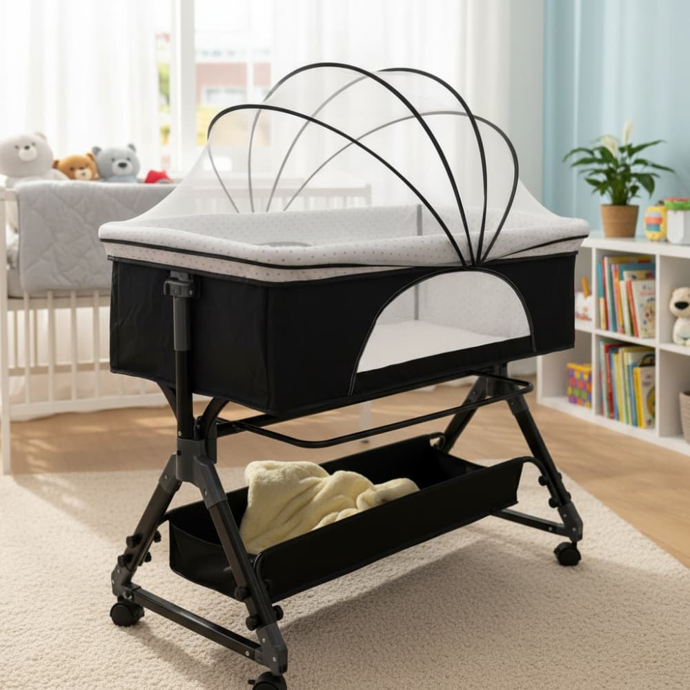 Cuna Cama Colecho para Bebe Ajustable Con Cuatro Ruedas y Compartimento Inferior Incluye Mosquitero