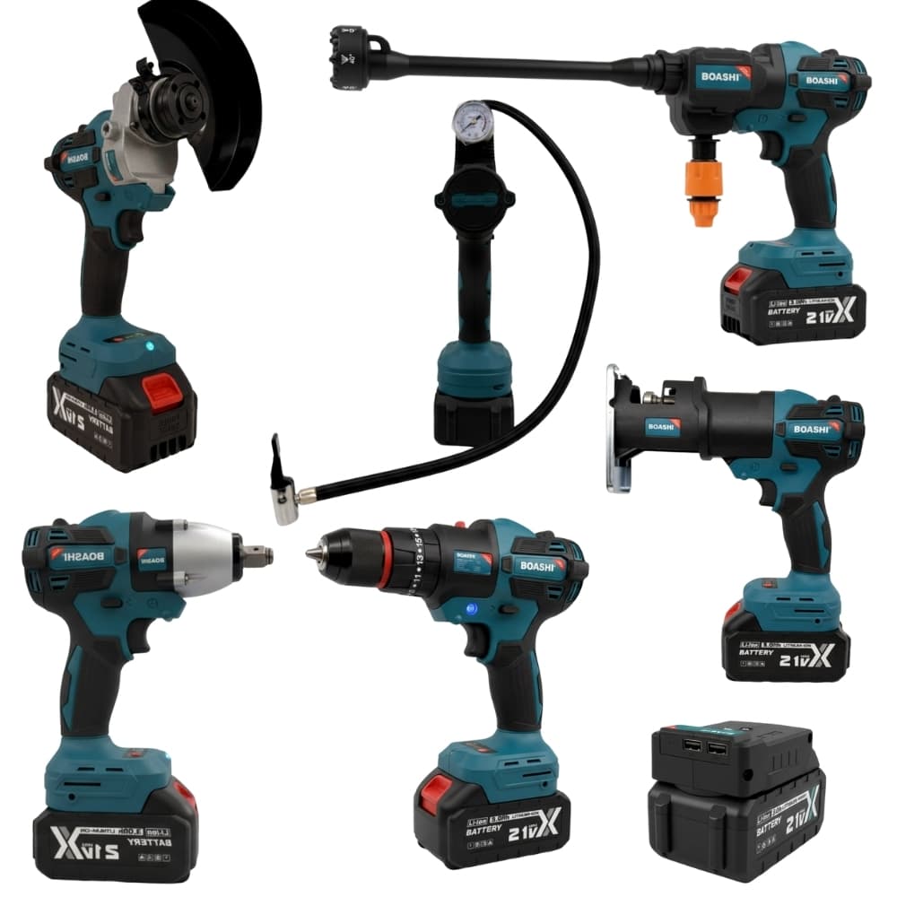 Caja de Herramientas Electricas 7 en 1 Inalambrica 21 V Taladro Llave de Impacto Sierra Hidrolavadora Amoladora Inflador y Power Bank