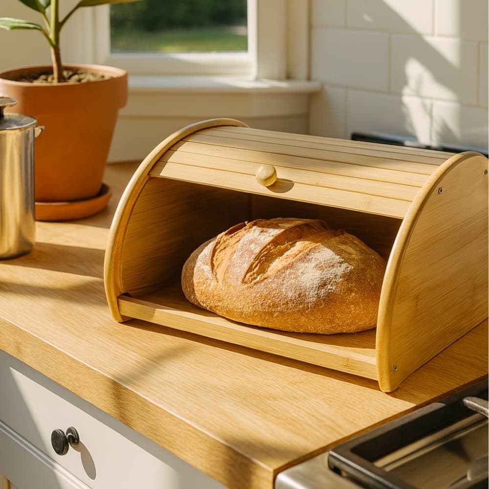 Panera de Bambu 40x30x18 cm Conserva Pan Fresco con Puerta Corrediza Natural