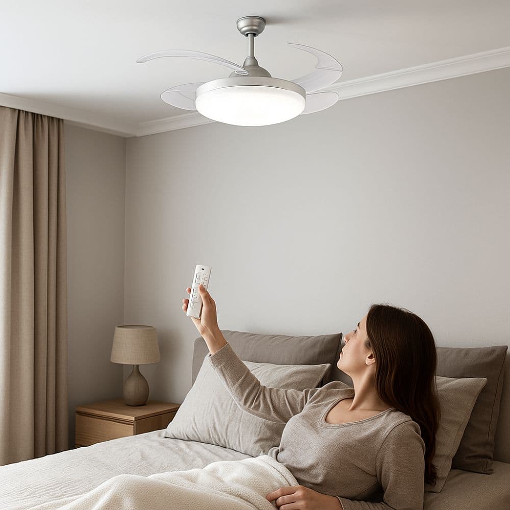 Luz LED con Ventilador Retractil 30 W 16 pulgadas Control Remoto, 3 Tonos de Luz y Timer Apta Portalámparas E27