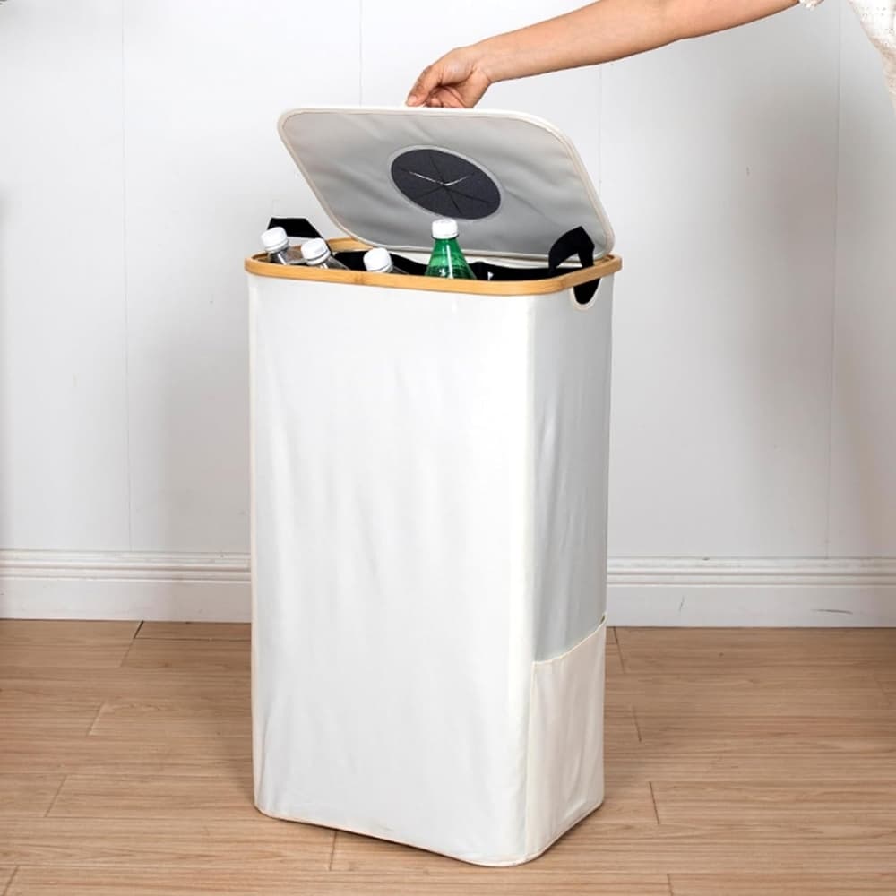 Cesto de Ropa Sucia o Reciclaje 100L Plegable de Bambu y Tela Impermeable con Bolsa Interna y Asas Practico Liviano Color Beige o Negro Abertura Superior de Goma Facil de Limpiar