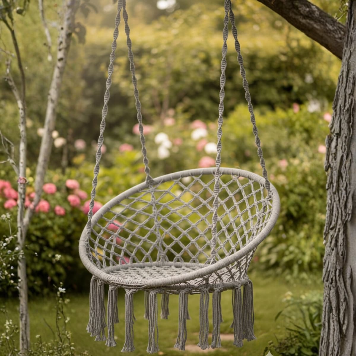 Hamaca Silla Colgante Interior Exterior Macrame Tipo Hamaca Paraguaya de Algodon 120 X 80cm color GRIS