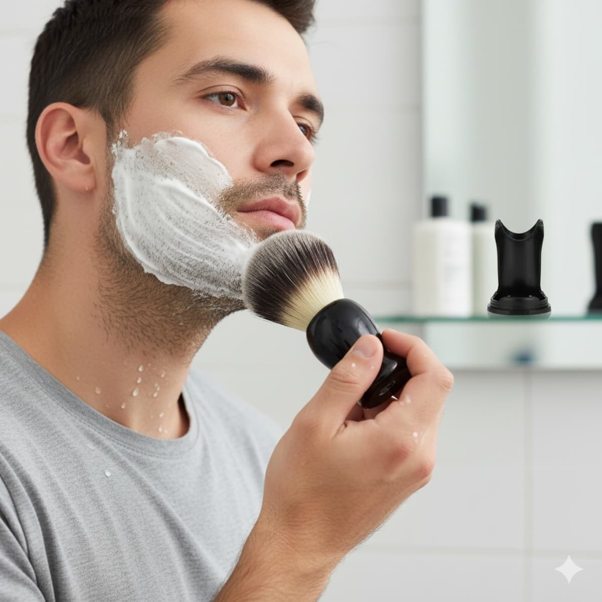 Brocha De Espuma Para Afeitar 10cm Con Mango Ergonomico Pelo Natural Incluye Soporte