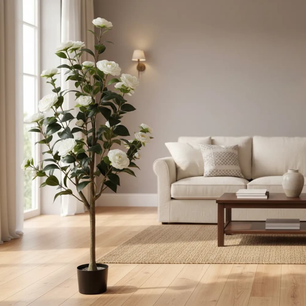 Camelia Artificial Con Maceta Decorativa Blanca 120cm Planta Interior Hogar Oficina
