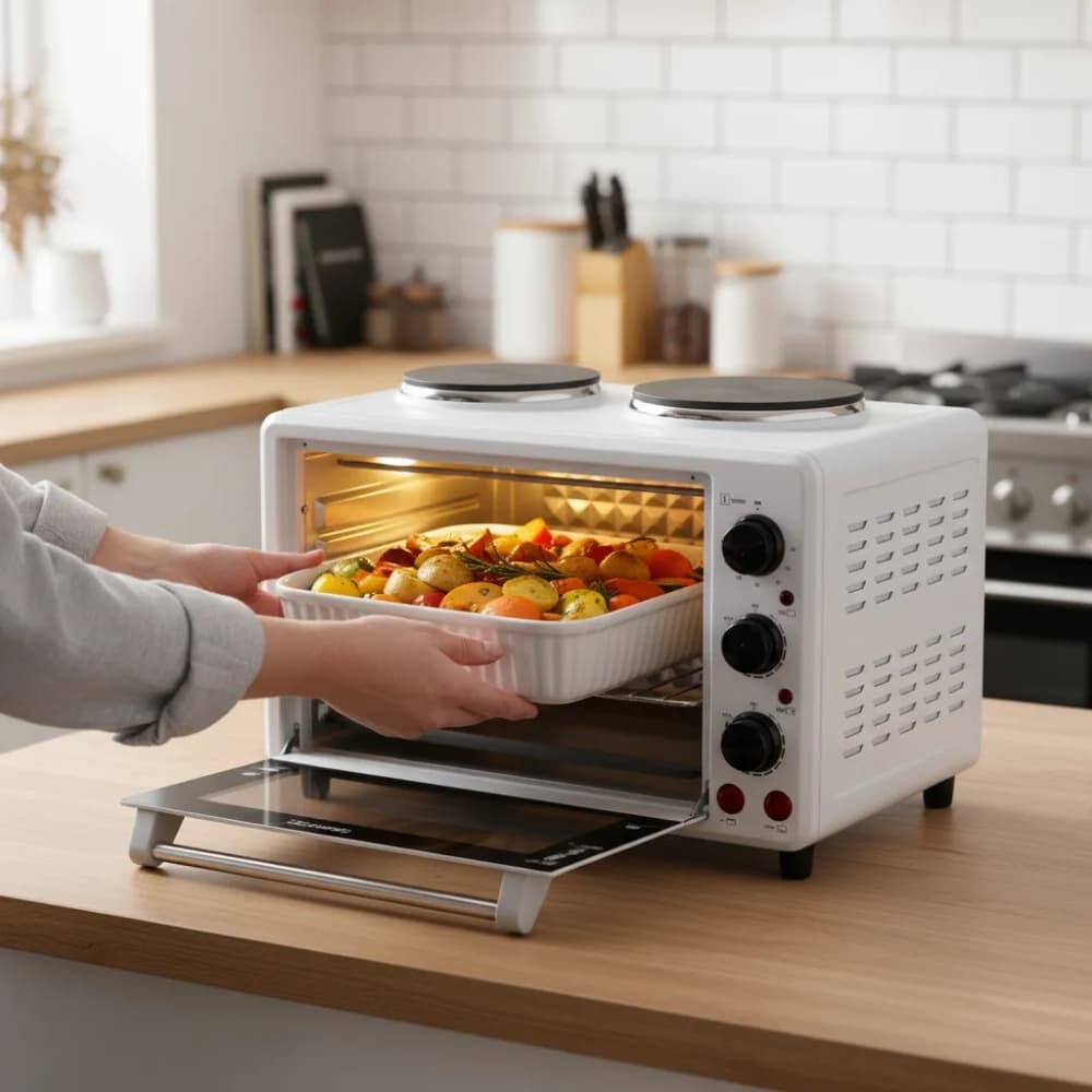 Horno Electrico Con Anafe Doble Mesada 250°C Independiente Bandeja Rejilla Cocina Color Blanco