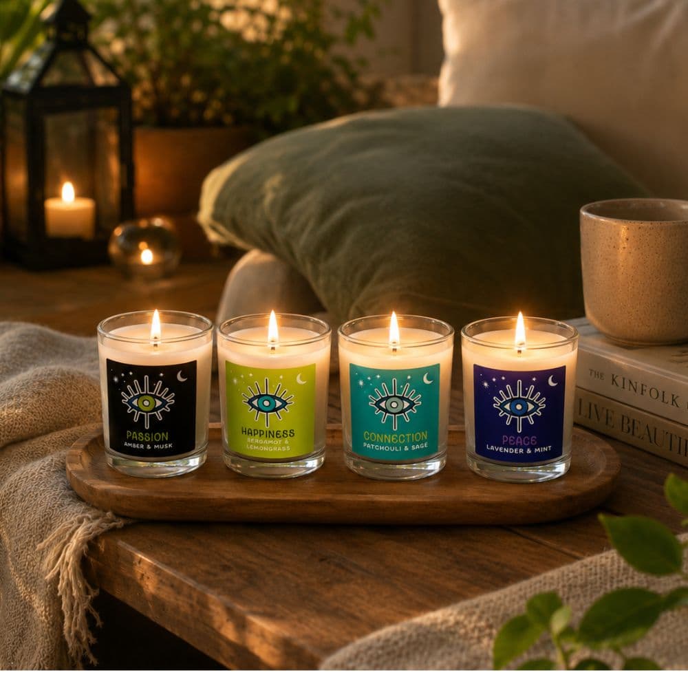 Vela Aromática Spirit Eye Con Porta Vela De Vidrio 50g X4