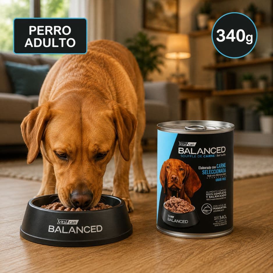 Lata Balanced Soufflé Perro Adulto Sabor Carne 340 gr