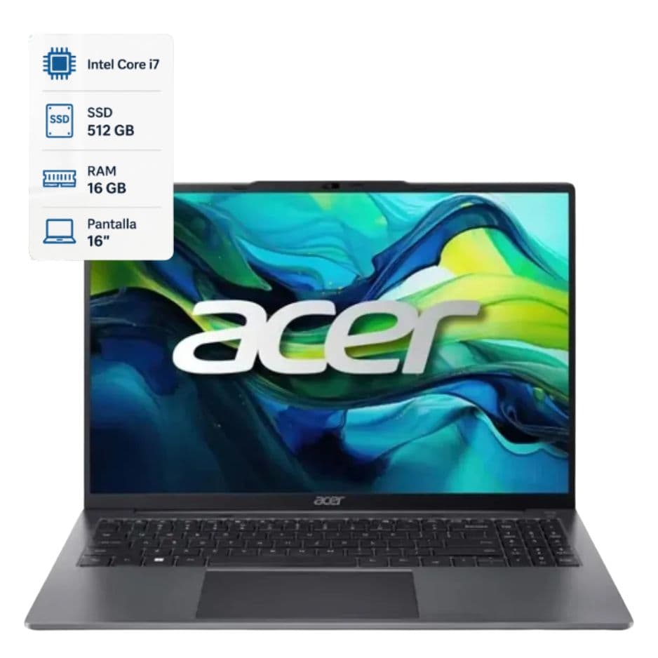 Notebook Acer Intel Core i7 1255U Pantalla 16'' Linux Ram 16Gb SDD 512Gb