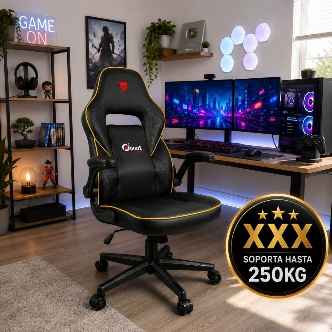 Silla Gamer Reforzada Hasta 250Kg Reclinable Ergonómica Ecocuero Con Apoyabrazos Rebatible Color Amarillo
