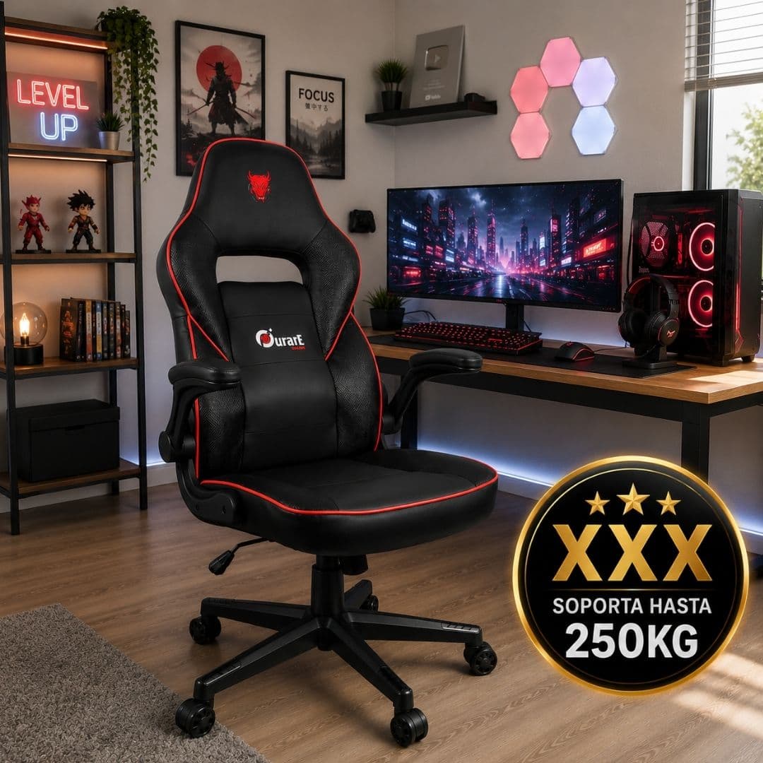 Silla Gamer Reforzada Hasta 250Kg Reclinable Ergonómica Ecocuero Con Apoyabrazos Rebatible Color Rojo