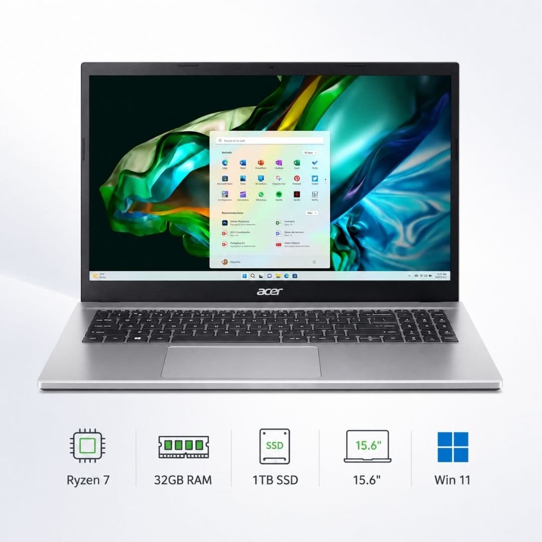 Notebook Acer Aspire 315 Ryzen 7 5700U Ram 32gb Disco Duro 1tb Ssd 15.6 Win 11