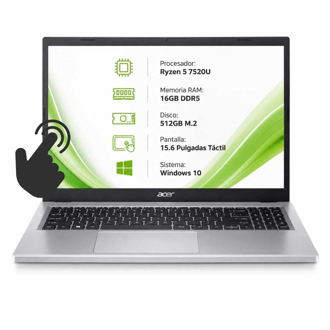Notebook Acer Aspire 3 Procesador Ryzen5 7520u Memoria Ram 16gb Ddr5 Disco Dduro 512gb M2 Pantalla 15.6 Pulgadas Tactil Win10