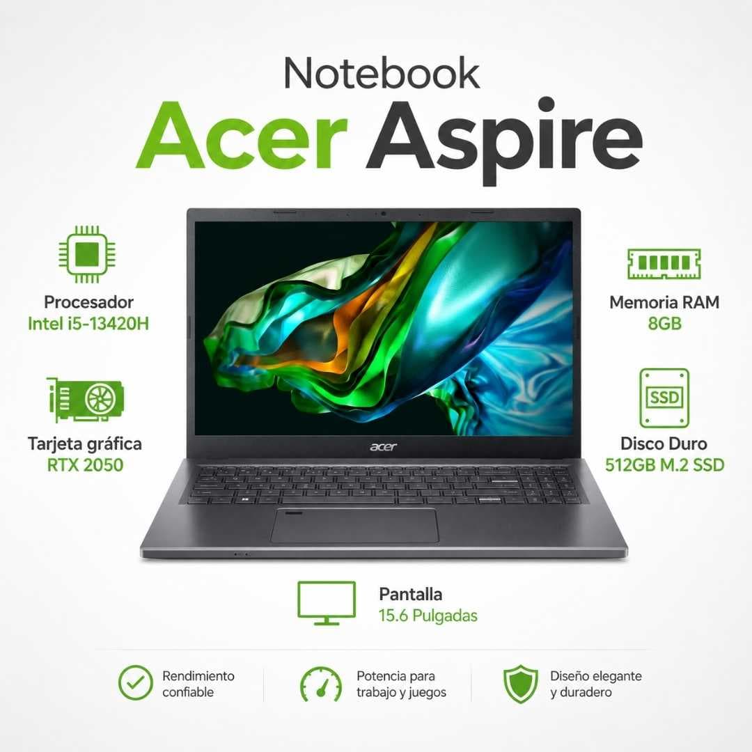 Notebook Acer Aspire Procesador I5-13420h Tarjeta Rtx 2050 Memoria Ram 8gb Disco Duro 512gb M2 Ssd Pantalla 15.6 Pulgadas