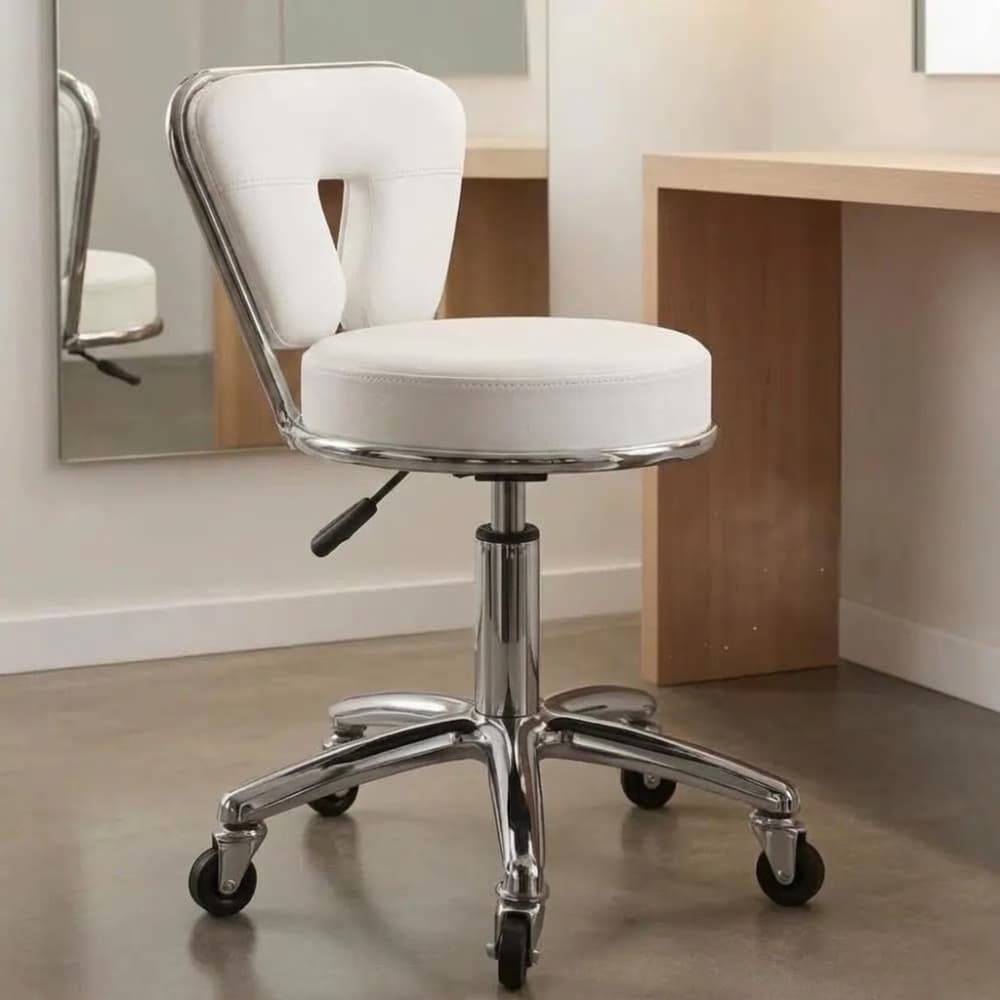 Silla Butaca Con Ruedas Giratoria Altura Regulable Ecocuero Para Estética Oficina Color Blanco