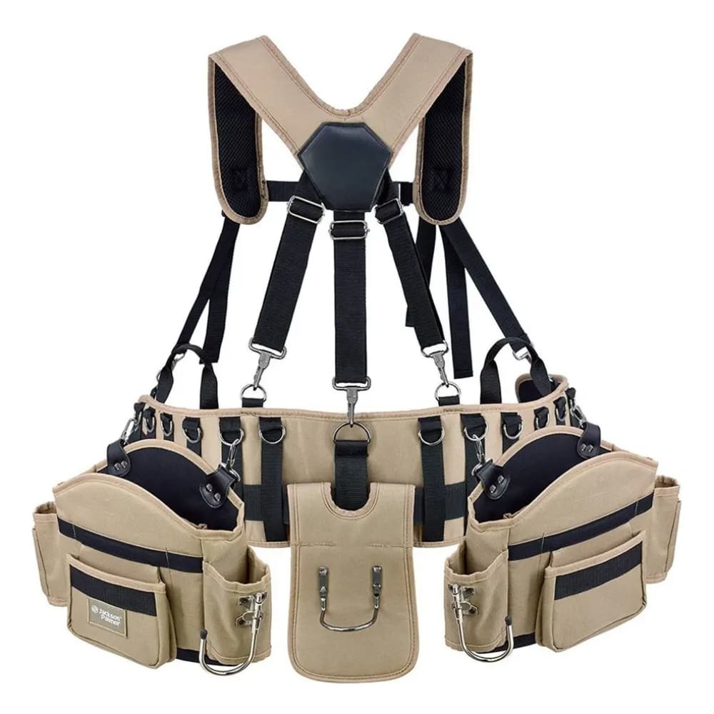 Cinturon Porta Herramientas Profesional Ajustable con Tirantes Acolchados y Bolsillos Caqui