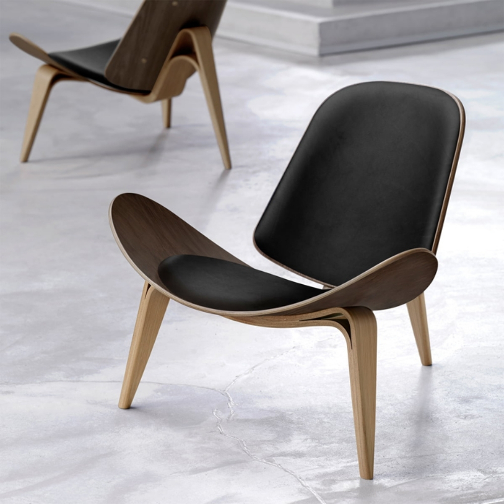 Butaca Shell Moderna de Madera Maciza con Cuero Sintetico Silla Estilo Eames Diseño Elegante y Cómodo Sillon Estilo Moderno Nordico