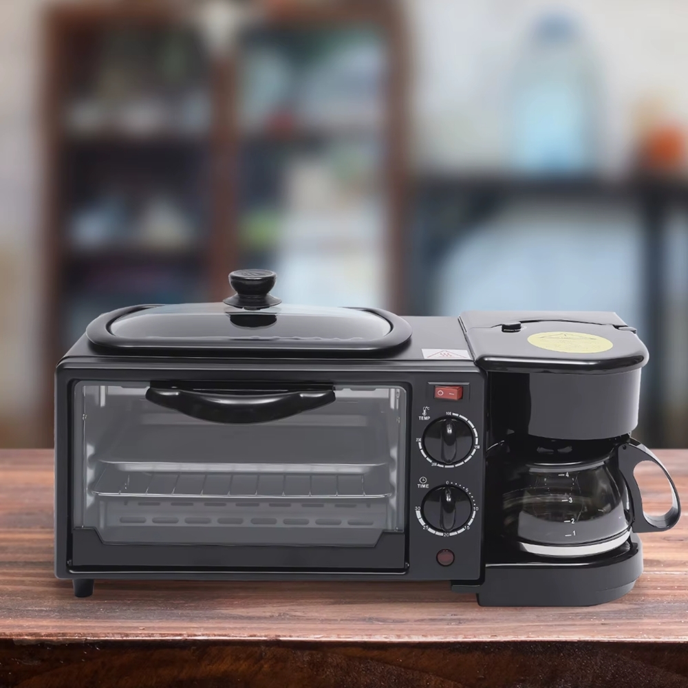 Desayunador Electrico Multifuncion 3 en 1 con Horno 10L Cafetera 4 Tazas y Plancha Superior 1050W Compacto