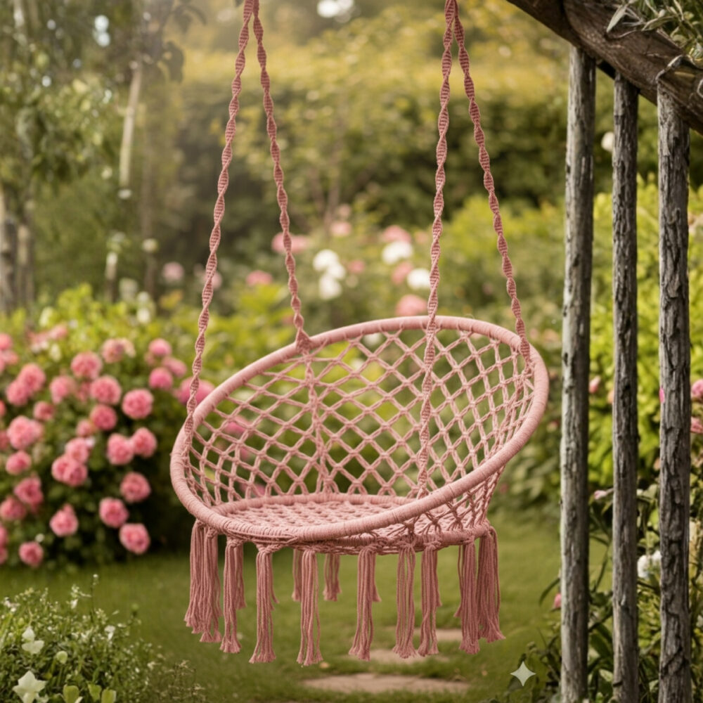 Hamaca Silla Colgante Interior Exterior Macrame Tipo Hamaca Paraguaya de Algodon 120 X 80cm color ROSADO