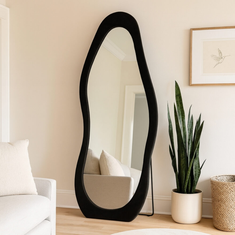 Espejo Irregular Con Ondas De Pie Terciopelado Mdf Moderno Decorativo 160x60cm color NEGRO