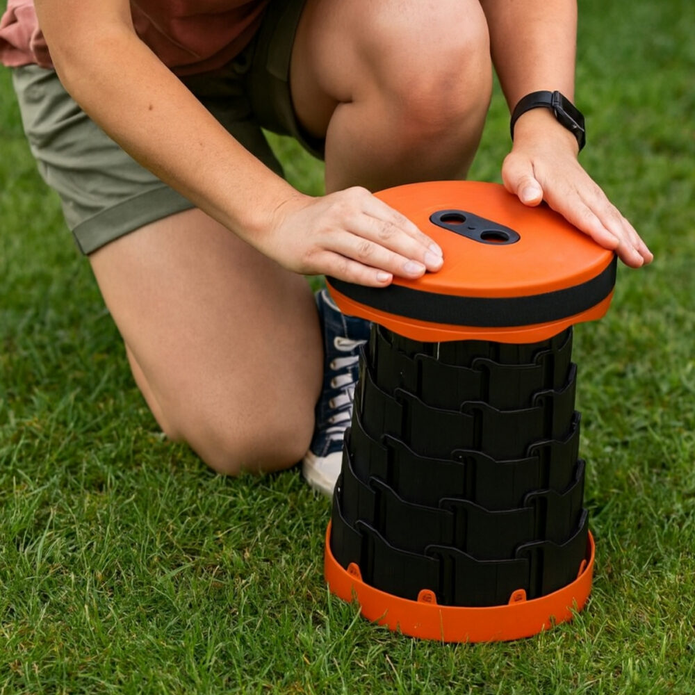 Banco plegable telescopico resistente portatil 44x25 cm color naranja ajustable hasta 300 kg ideal para camping, pesca y actividades al aire libre
