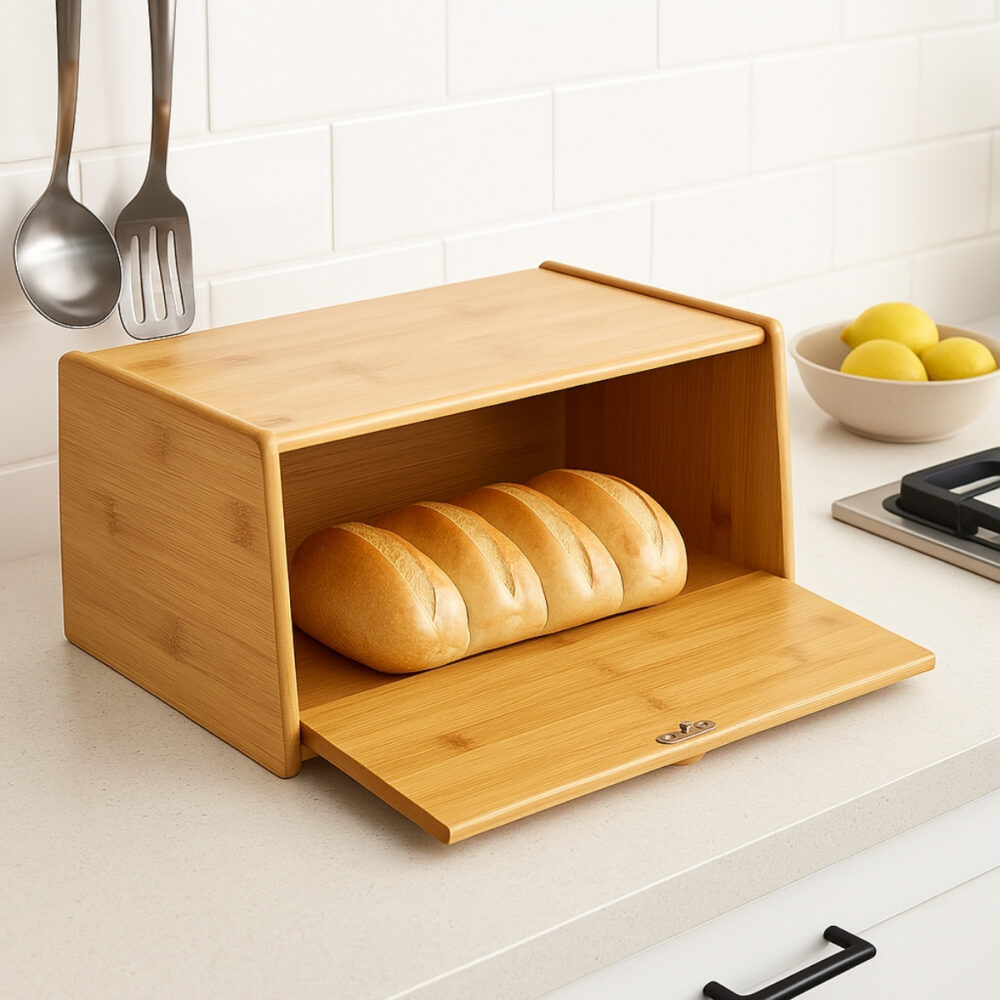 Panera De Bambú Natural Grande Puerta Imantada Cocina Premium 42x23x18cm